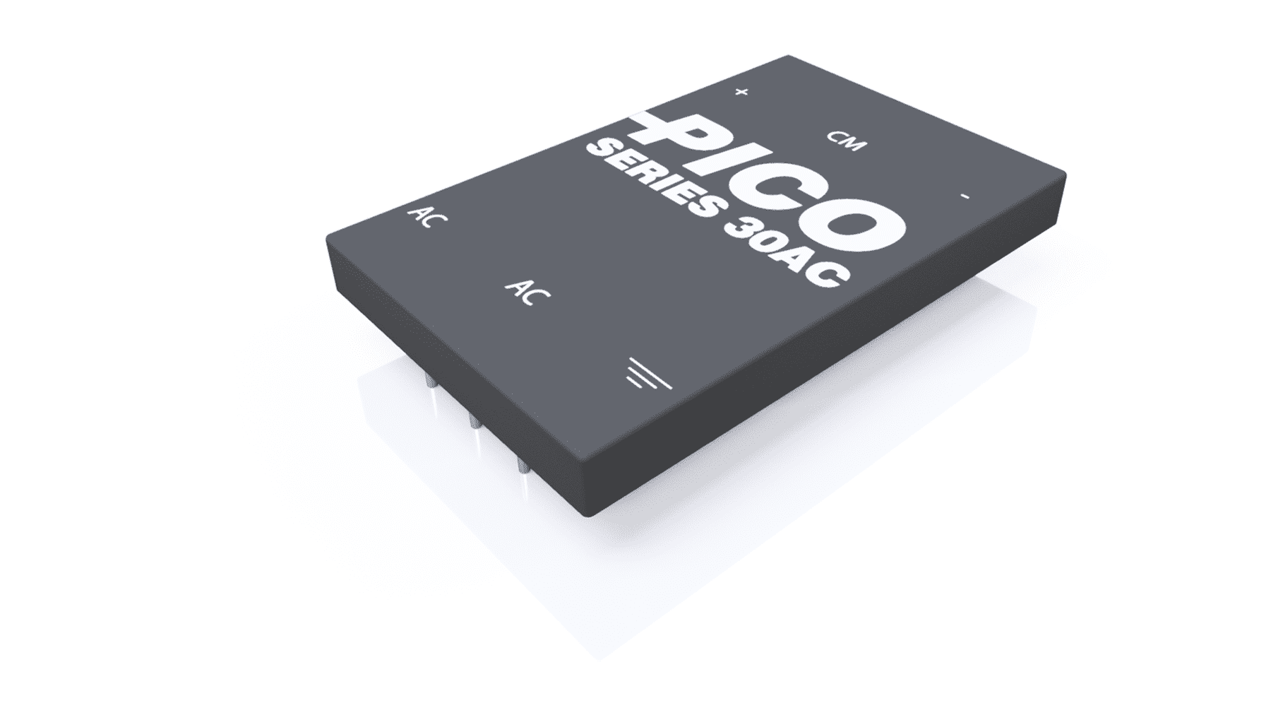 Rectangular electronic component labeled "PICO SERIES 30AC" with visible pins and marked terminals for AC, CM, and polarity.