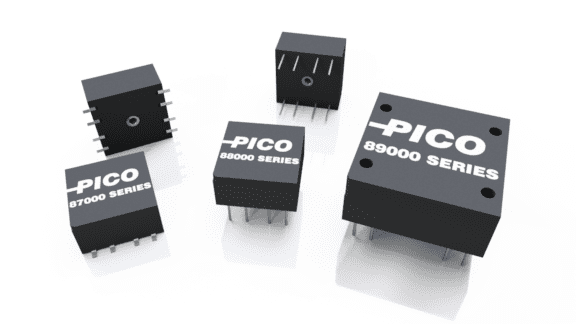 Five black microchips labeled "PICO 87000 SERIES" and "PICO 88000 SERIES" are displayed on a reflective white surface.