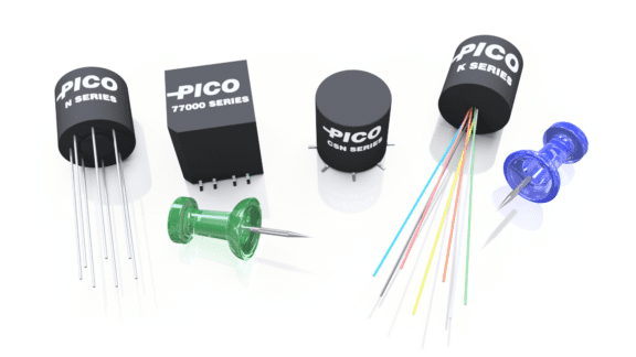 Various electronic components labeled "PICO" are displayed alongside colorful pushpins and wires on a white background.