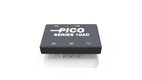 A black electronic component labeled "Pico Series 10AC" with multiple pins underneath and marked connections, including NC, CM, and AC.