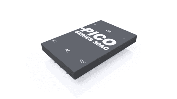 Rectangular electronic component labeled "PICO Series 30AC" with pins for connectivity, resting on a reflective surface.