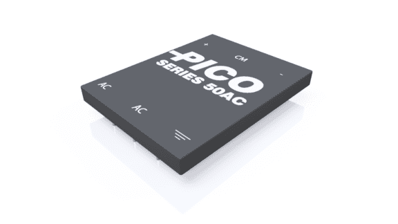 PICO Series 50AC electronic component, labeled with "+", "CM", and "AC" on a dark, rectangular surface.