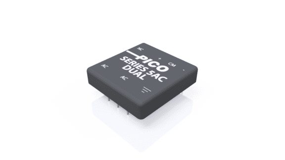 A black electronic component labeled "PICO SERIES 5 AC DUAL" with multiple pins on the bottom side, designed for circuit board mounting.