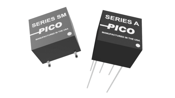 Two electronic components labeled "Series SM PICO" and "Series A PICO," showing different pin configurations, manufactured in the USA.