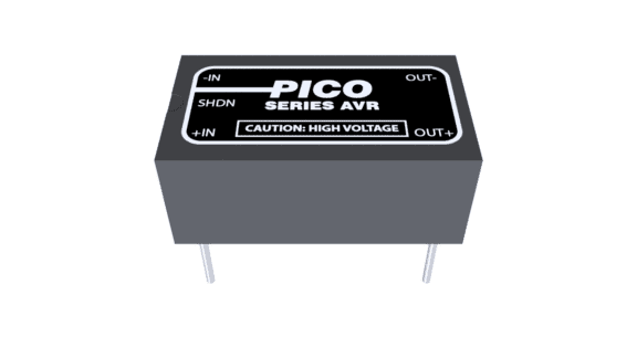 A rectangular electronic component with metal pins labeled "PICO SERIES AVR" and "CAUTION: HIGH VOLTAGE.