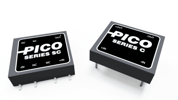 Two black rectangular electronic components with labels "PICO SERIES SC" and "PICO SERIES C," featuring input and output pins, against a white background.