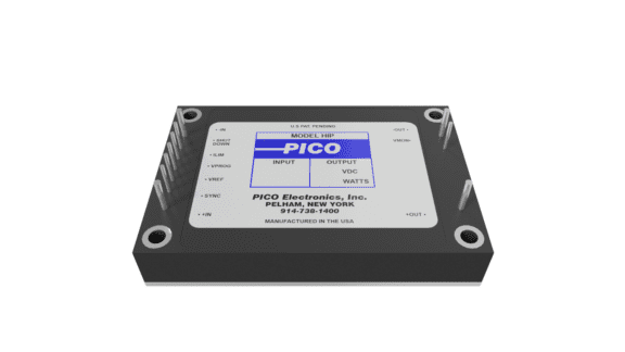 A black and gray electronic device from Pico Electronics, labeled with input, output, and other specifications, displaying contact information for Pelham, New York.