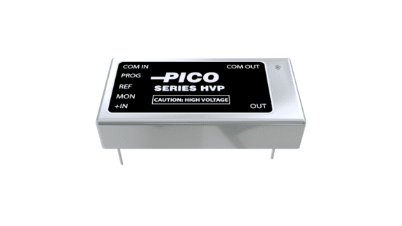 Rectangular electronic component labeled "PICO Series HVP" with ports "COM IN," "COM OUT," "PROG," "REF," "MON," "+IN," and "OUT." Caution label reads "HIGH VOLTAGE.