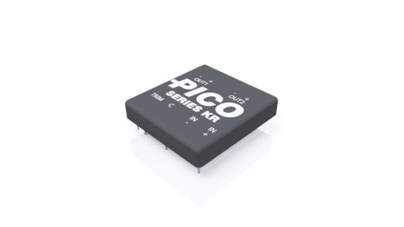 Image of a black electronic component labeled "PICO SERIES KR" with pins on the lower side, displaying connections labeled "out+" and "out-" on the top.