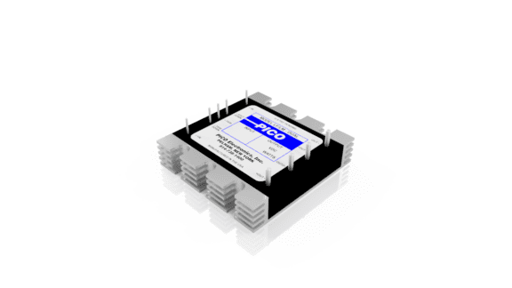 A gray electronic component with multiple pins, labeled "Pico." It has a white sticker on top with blue text and is isolated on a white background.