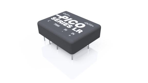 A black electronic component labeled "Pico Series LR" with input and output pins displayed on a reflective surface.