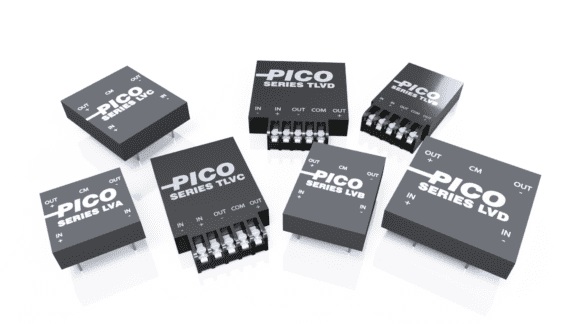 Six black electronic components labeled "PICO Series" with various series codes, displaying input and output pins, arranged on a white surface.