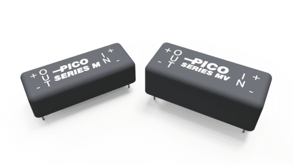 Two black electronic components labeled "Pico Series M N" and "Pico Series M V" with "OUT" and "IN" and plus and minus signs.