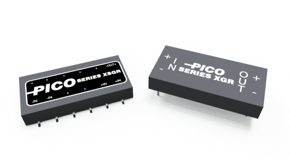 Two black rectangular electronic components labeled "PICO SERIES XGR," showing input (-IN) and output (+OUT) terminals.