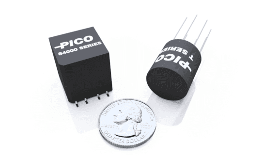 Two black electronic components labeled "PICO 84000 SERIES" beside a U.S. quarter dollar coin for scale.