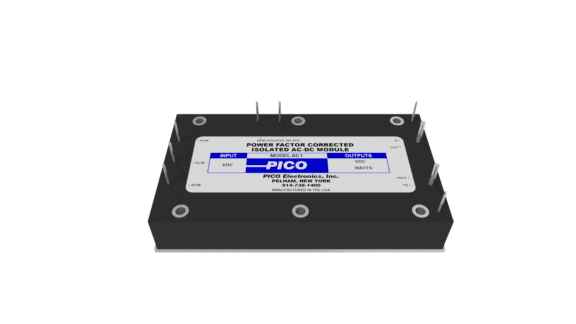 Rectangular electronic module with labeled inputs and outputs, stating "Power Factor Corrected Isolated AC-DC Module" by Pico Electronics, showing input and output voltage and watt details.