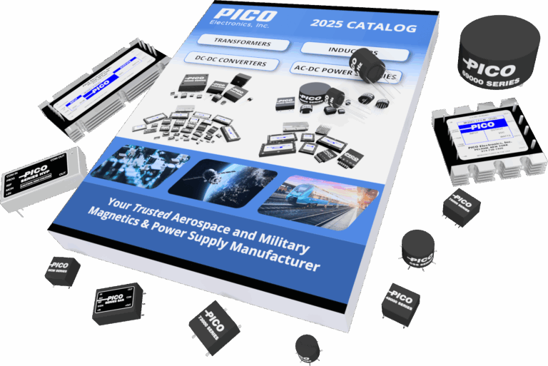 PICO Electronics 2025 catalog cover featuring various electronic components, such as transformers, converters, and power modules, displayed around the catalog.