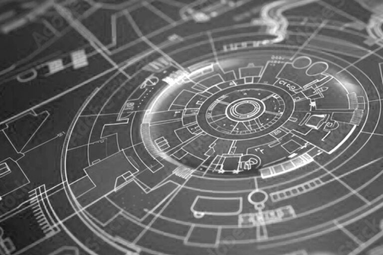 Futuristic dashboard with digital schematics and concentric circles displayed in grayscale.