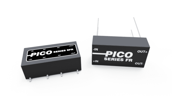 Two black electronic components with printed labels "Pico Series SFR" and "Pico Series FR" featuring multiple connectors and pins for circuit integration.