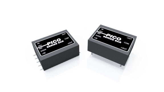 Two rectangular electronic components labeled "Pico Series SAR," featuring various pins and connection labels, are positioned on a white surface.