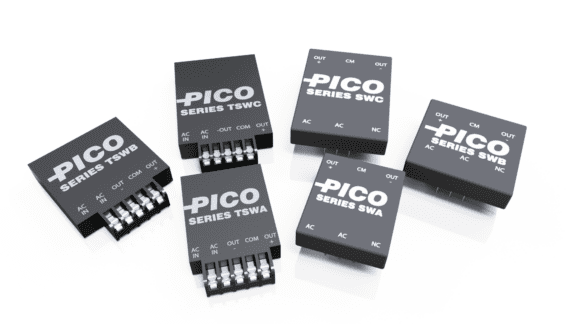 Six black electronics components labeled "Pico Series" are arranged on a white surface.