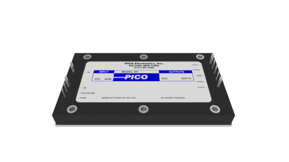 A rectangular electronic component labeled "Pico Electronics, Inc." with input and output specifications, showing several metal pins for connections.