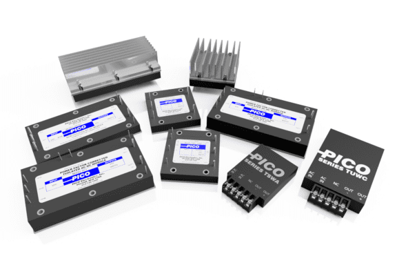 A collection of black electronic components labeled "PICO" with blue and white text, including rectangular and finned variations, arranged on a white surface.
