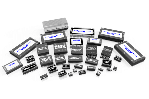 A variety of black and gray electronic components with the label "PICO" displayed in two rows, featuring different sizes and shapes on a white background.