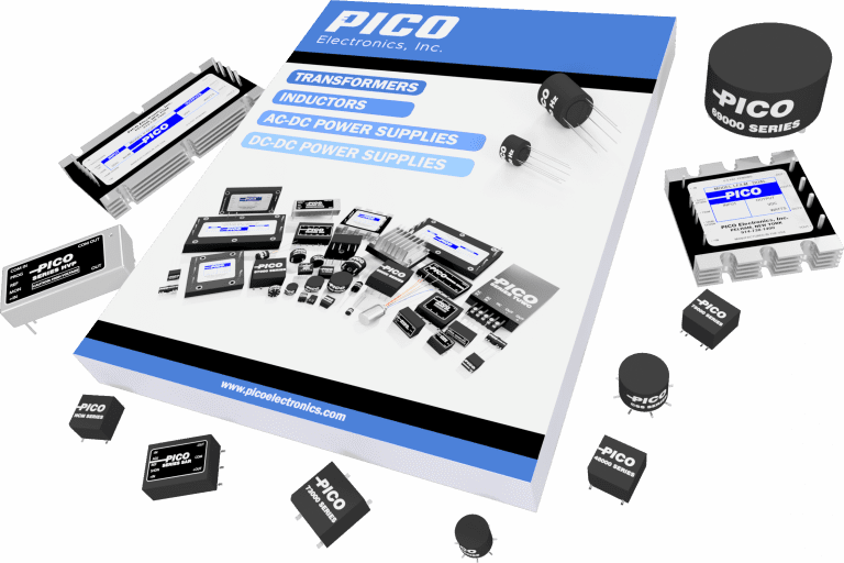 Pico electronics catalog, showcasing transformers, inductors, dc-dc converters, and AC-DC power supplies.