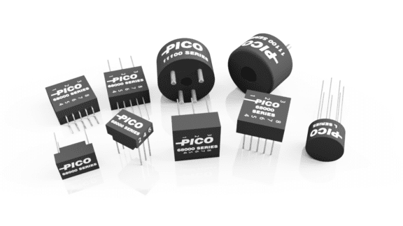 A collection of black electronic components with white labeling, including cylindrical and box-shaped designs, labeled "Pico 68000 Series.