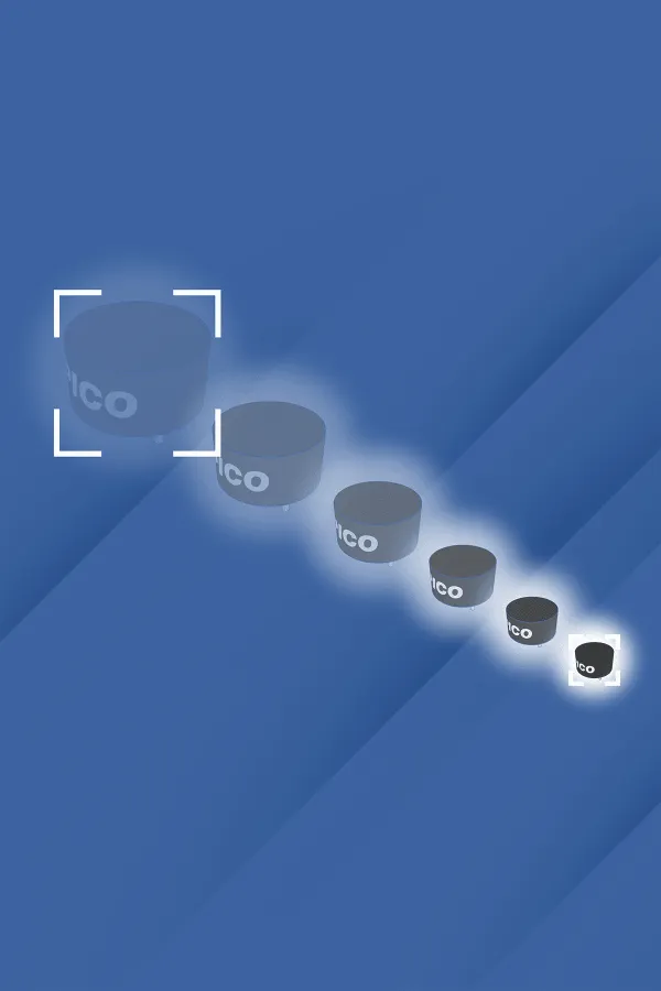 Six cylindrical objects labeled "ICO" in descending size, arranged diagonally on a blue background with a white square highlighting the largest object.